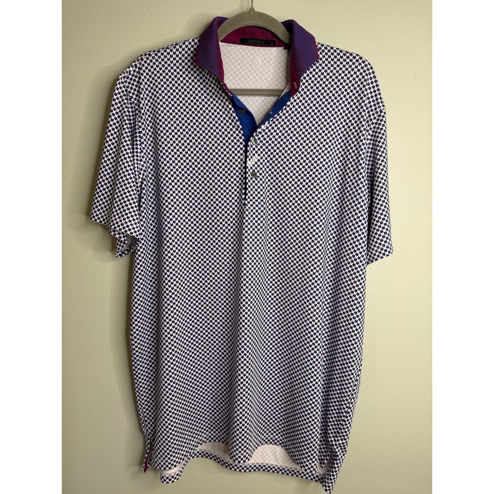 Greyson Men’s Navy White Tiny Wolf Print Stretch Logo Arm Golf Polo Shirt Size L
